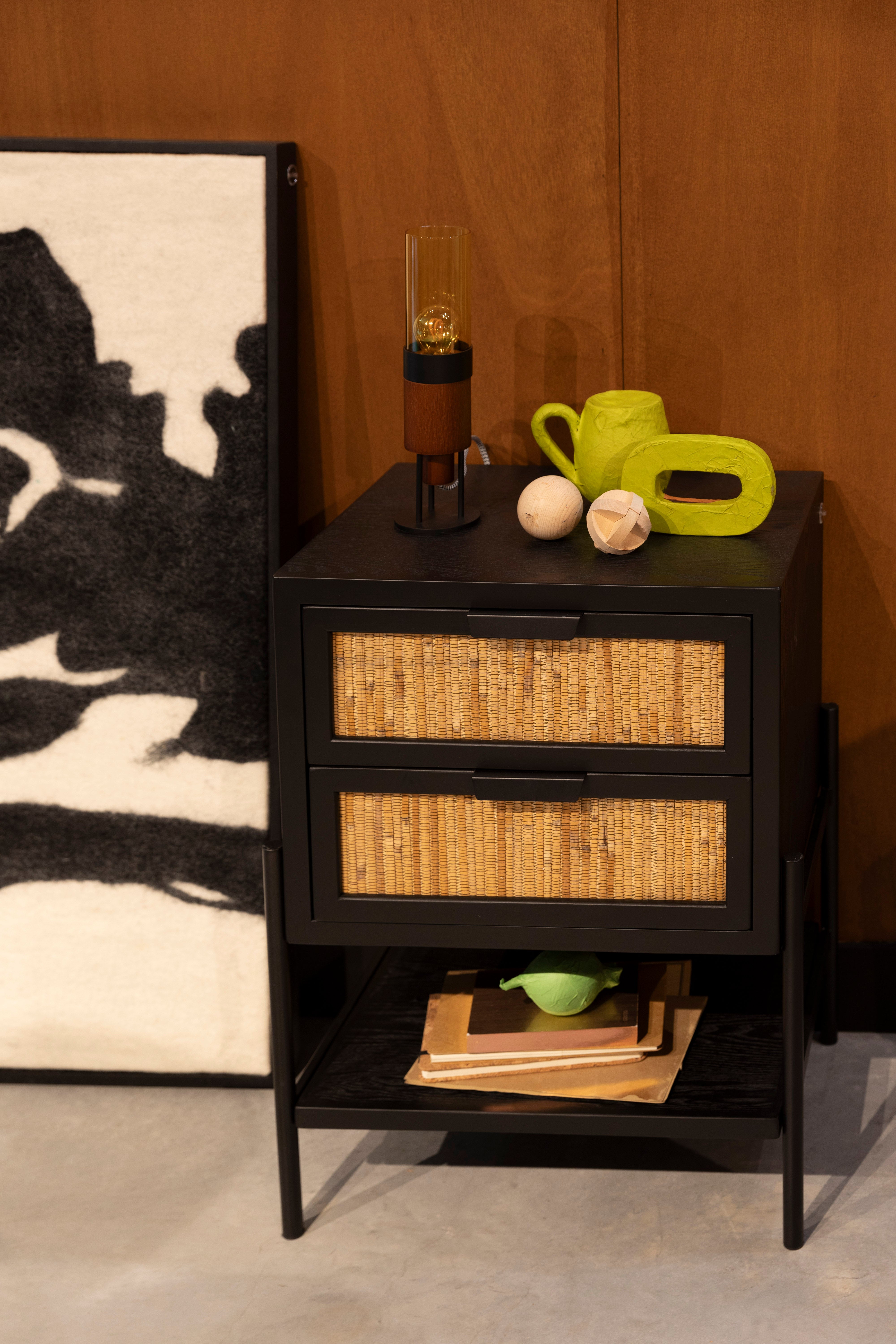 Dutchbone Yasu Black Chinese Fir Wood & Rattan Bedside Table
